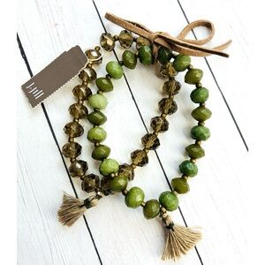 NEW NWT J. Jill Green Brown Faceted Bead Tassel Stretch Bracelet Set $39 Retail